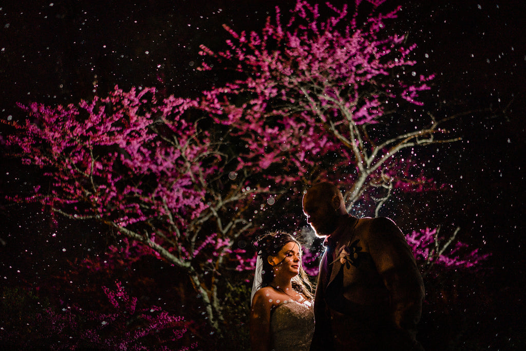 Jason Vinson bride and groom night light through raindrops pink flowers on trees