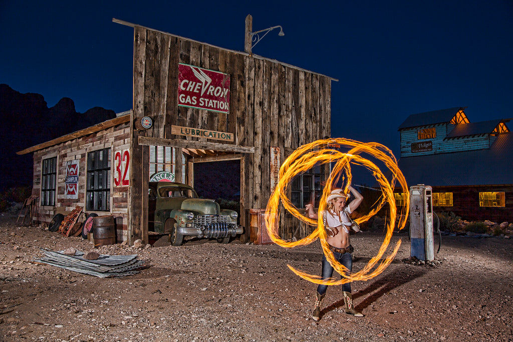 Jerome Hamilton cowgirl firedancer in western scene