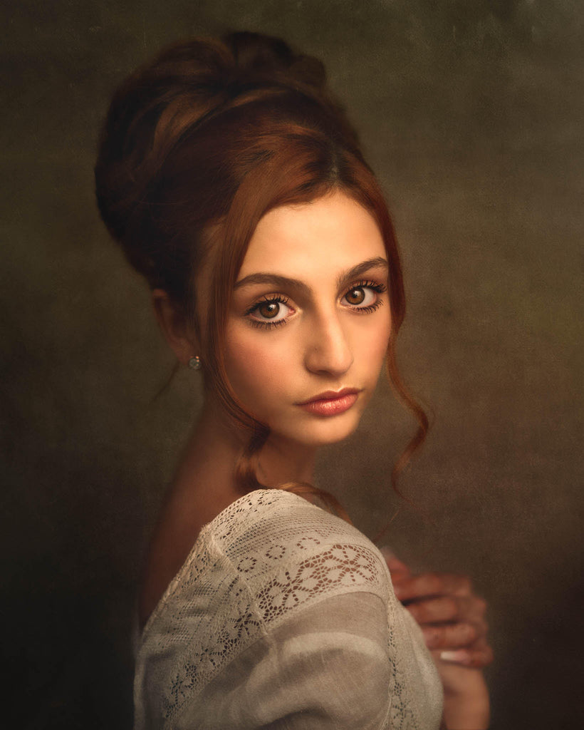 Leon Johnson portrait of woman with large brown eyes hair updo