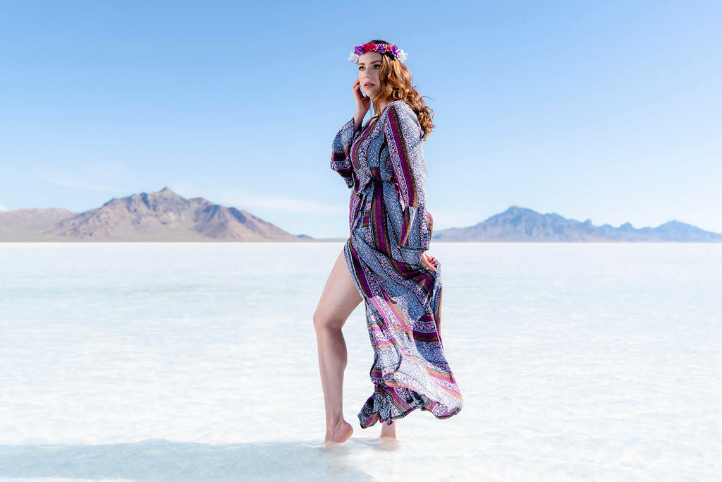 Mark Behrens portrait of woman wearing colorful dress Bonneville Salt Flats