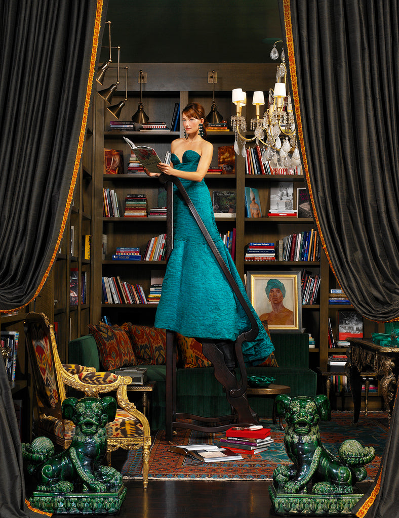 Mark Edward Harris woman in green dress in Beverly Hills Library jade lion sculptures books drapes