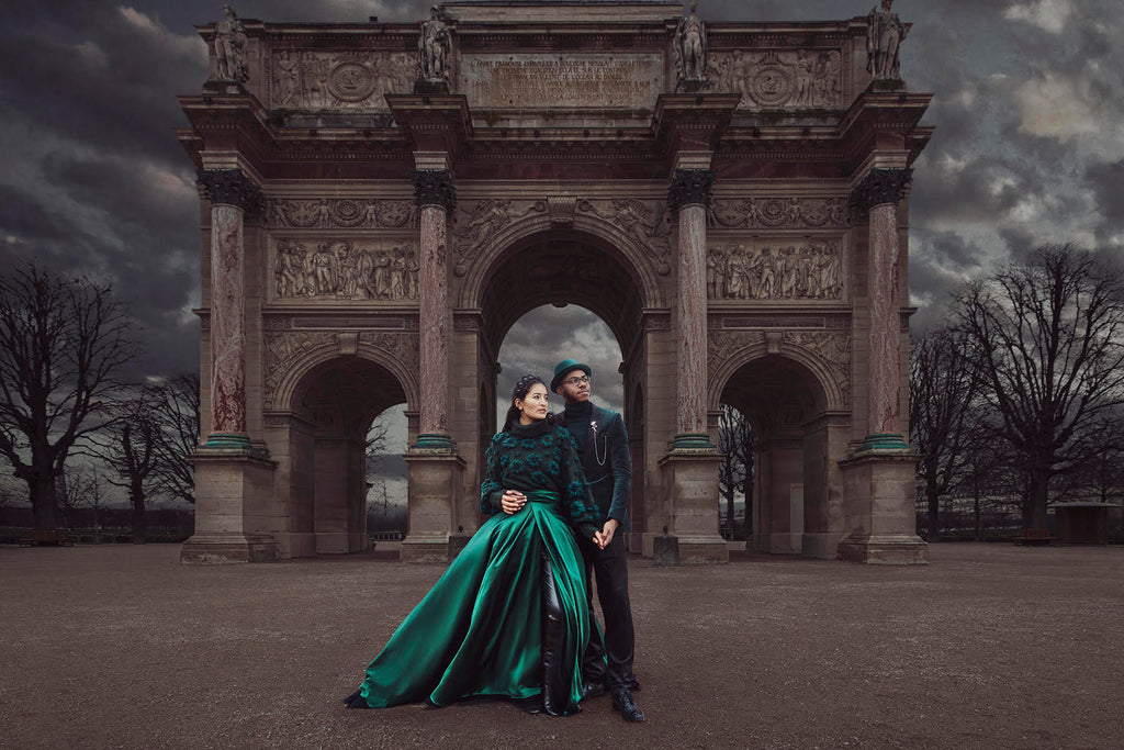 Yuliya Panchenko couple in front of historical archway building