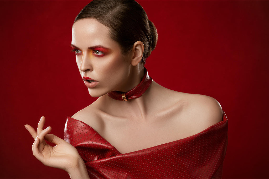 Yuliya Panchenko model in red dress red make up red background
