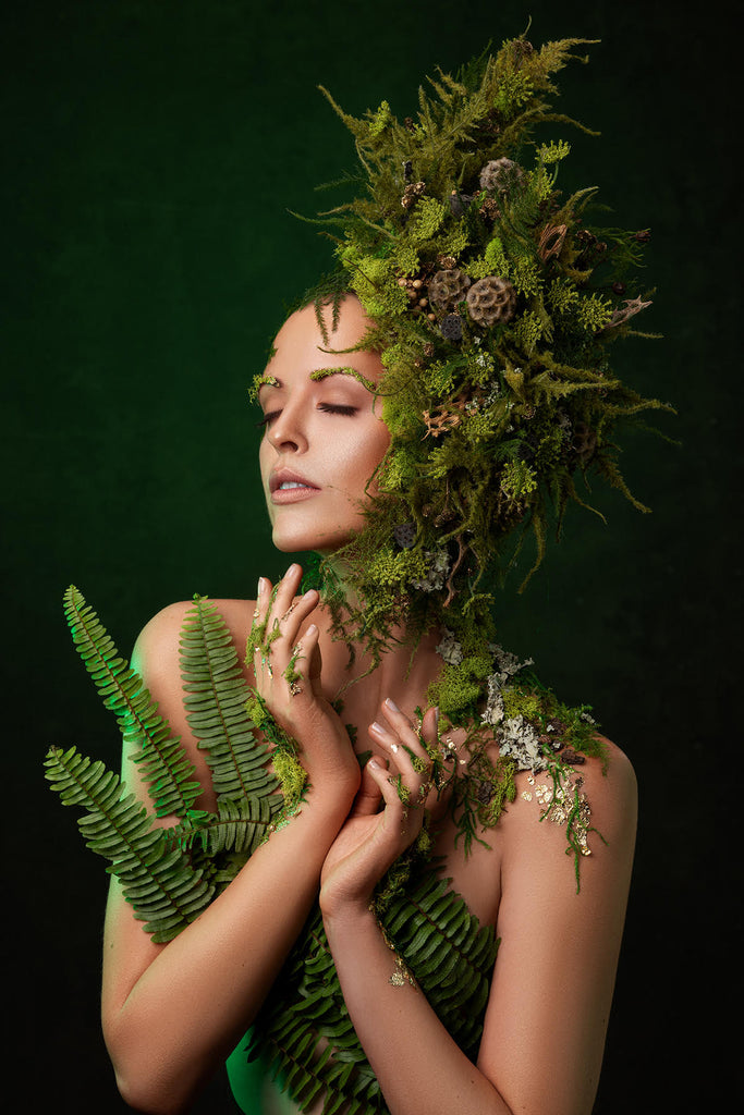 Yuliya Panchenko model with ferns green floral arrangement