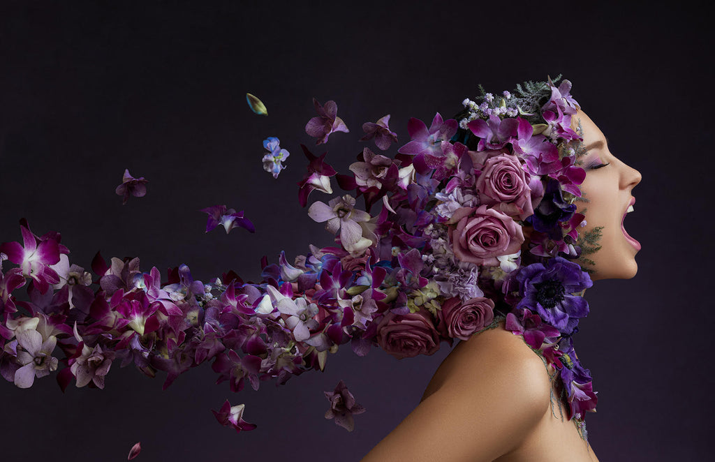 Yuliya Panchenko model with purple flower headdress screaming