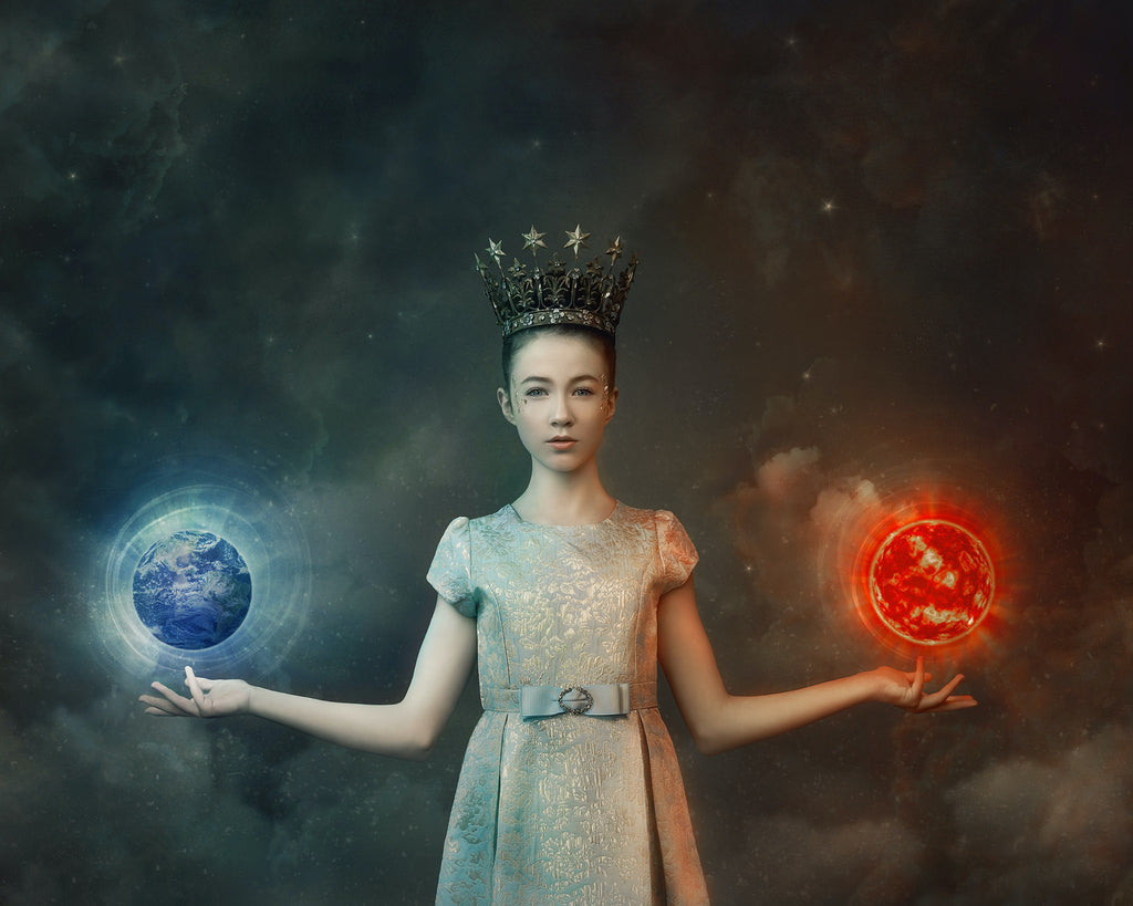 Alana Lee portrait of girl with crown holding earth in hand holding sun in hand wearing dress with belt