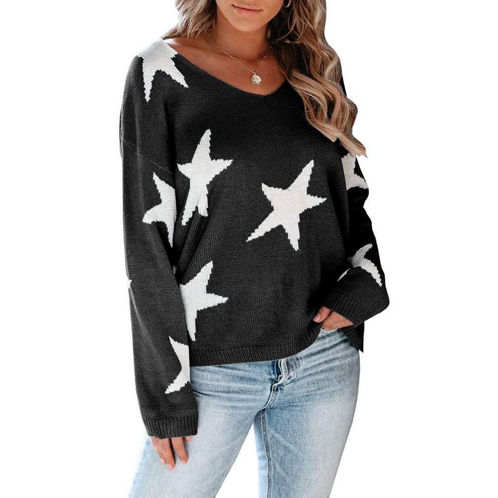 Women V Neck Off Shoulder Sweaters Knit Loose Pullover Long Sleeve –  Cysincos