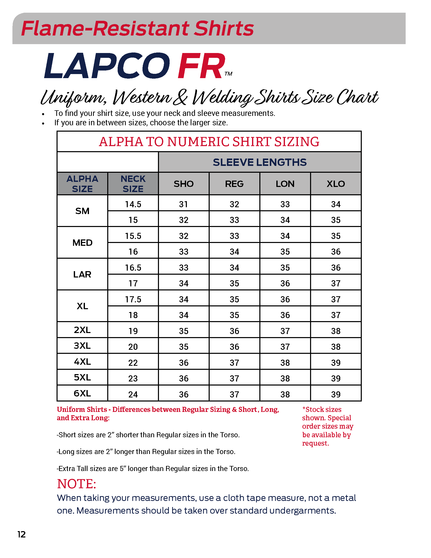 Lapco Size Chart