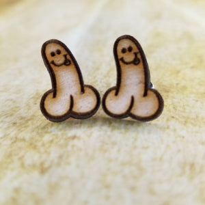 Thick Happy Boy Penis Maple Wood Stud Earrings - Designodeal