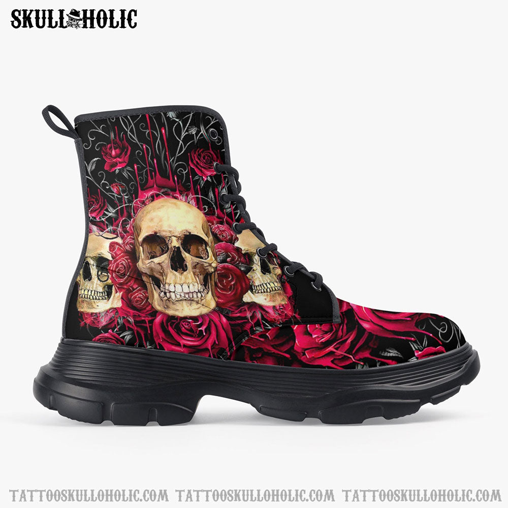 TRIO SKULL ROSE CHUNKY LEATHER BOOTS - TLTY2812213