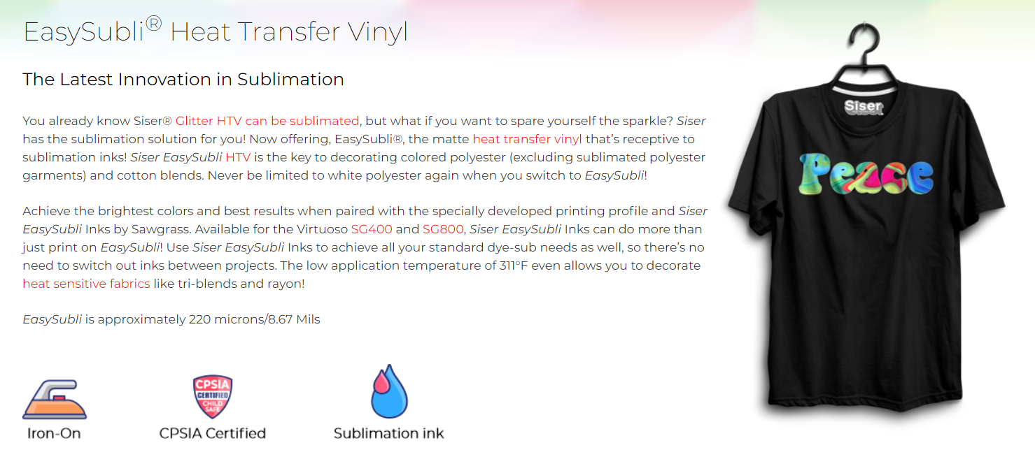Siser EasySubli Vinyl Adhesive Transfer Sheet