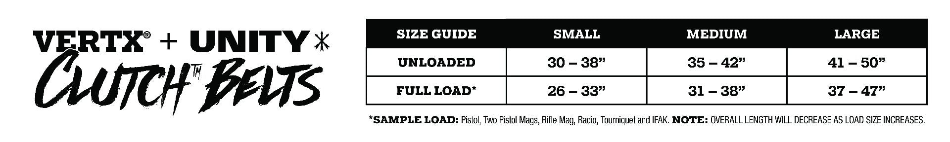 Sizing guide for Vertx® CLUTCH™ Belt.