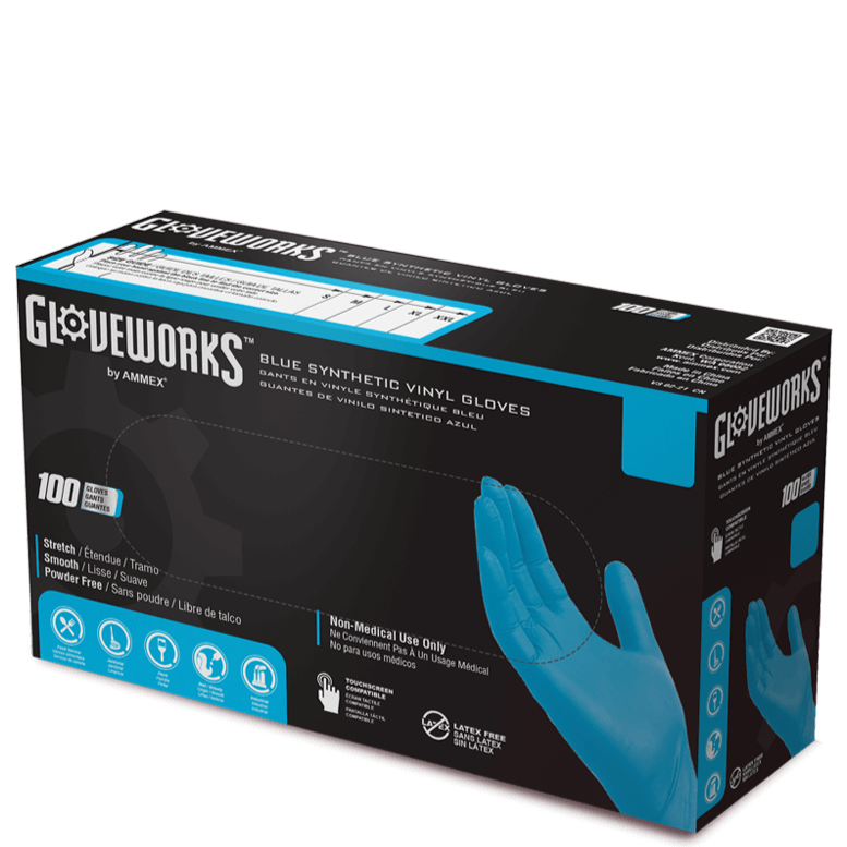 AMMEX Gloveworks Blue Synthetic Vinyl Gloves GWQIV — Black Box Safety