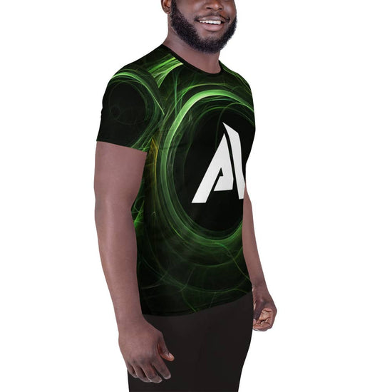 T-shirt de sport pour homme couleur noir design vert marque physique affûté vue de face
