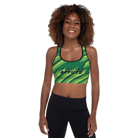 brassière de sport pour femme rembourré design vert jaune marque physique affûté vue de face