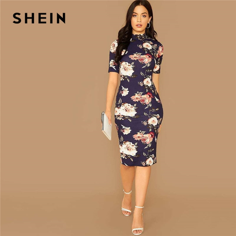 SHEIN Navy Floral Print Stand Collar Elegant Bodycon Dress Women 2019 –  Pink Lady lk