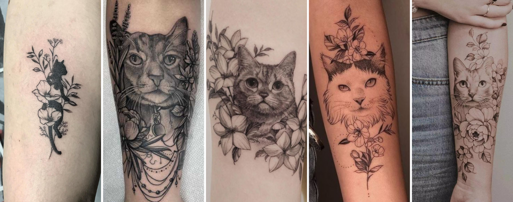 Tatouage Chat Fleurs