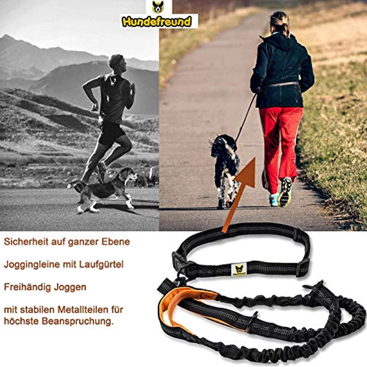 Hundefreund Joggingleine für große Hunde ab 15 kg Orange Laufleine