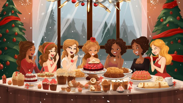 Cartoon girls eating pastries around the holidays