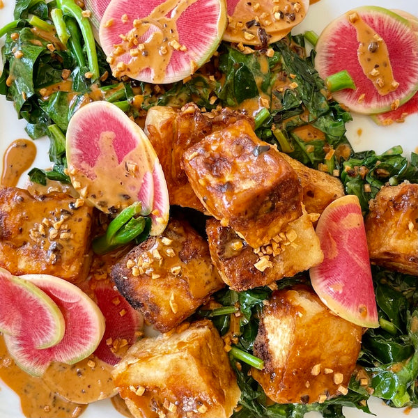 Crispy Tofu with Spicy Tahini Greens - Seed + Mill