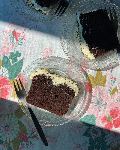 Slices of Chocolate Olive Oil Cake with Tahini Buttercream