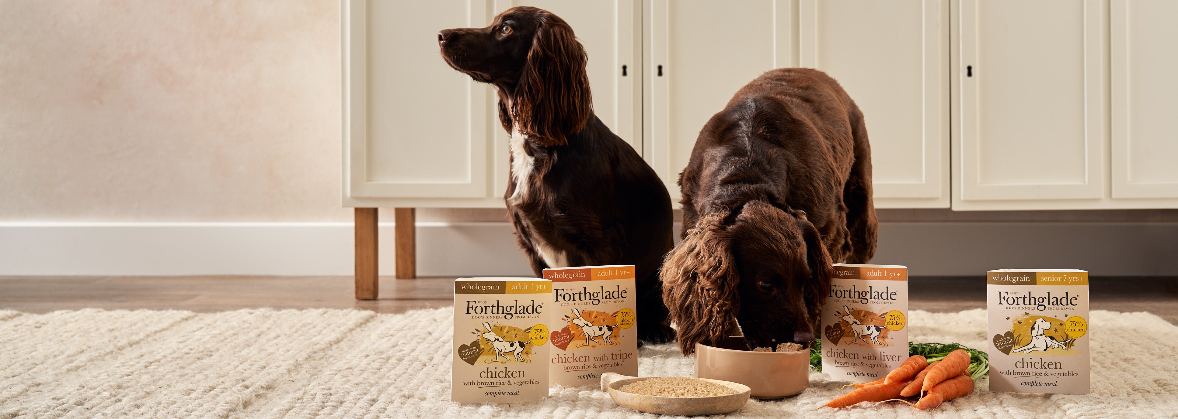 Two dogs eating from a bowl and sitting next to Forthglade wet food trays