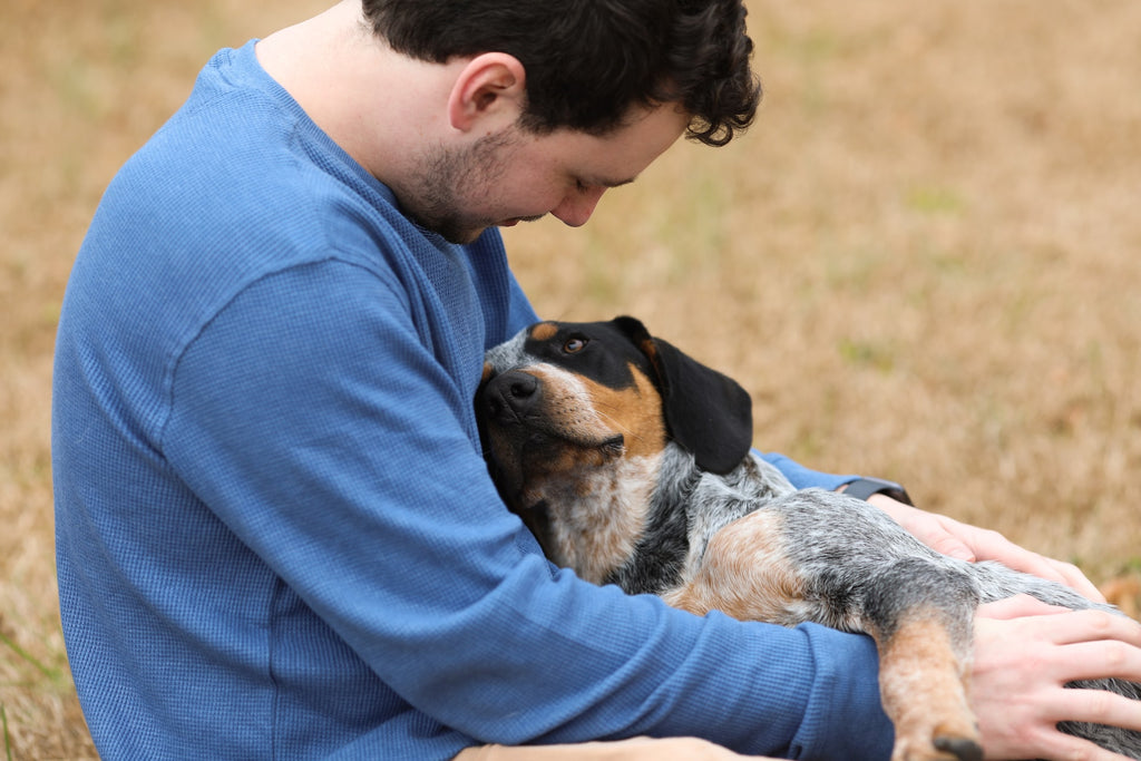 man in a blue jumper sat on grass giving his dog a cuddle
