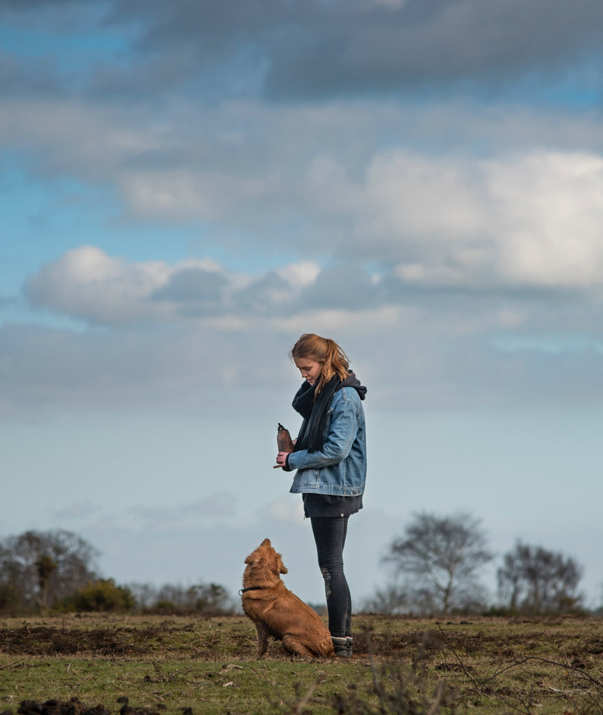 woman talking to her dog whilst out on a walk, training it with a bag of treats