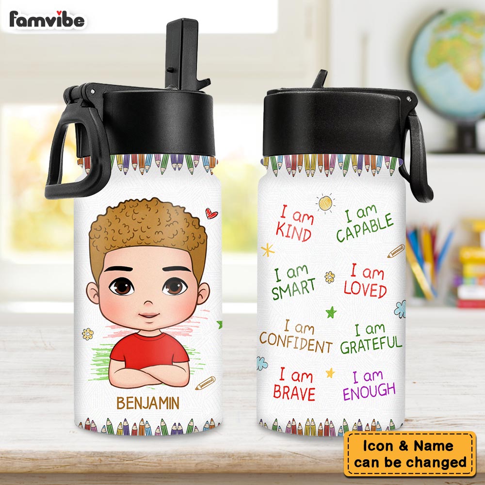 Smart Loved Brave Confident - Personalized Kids Water Bottle With