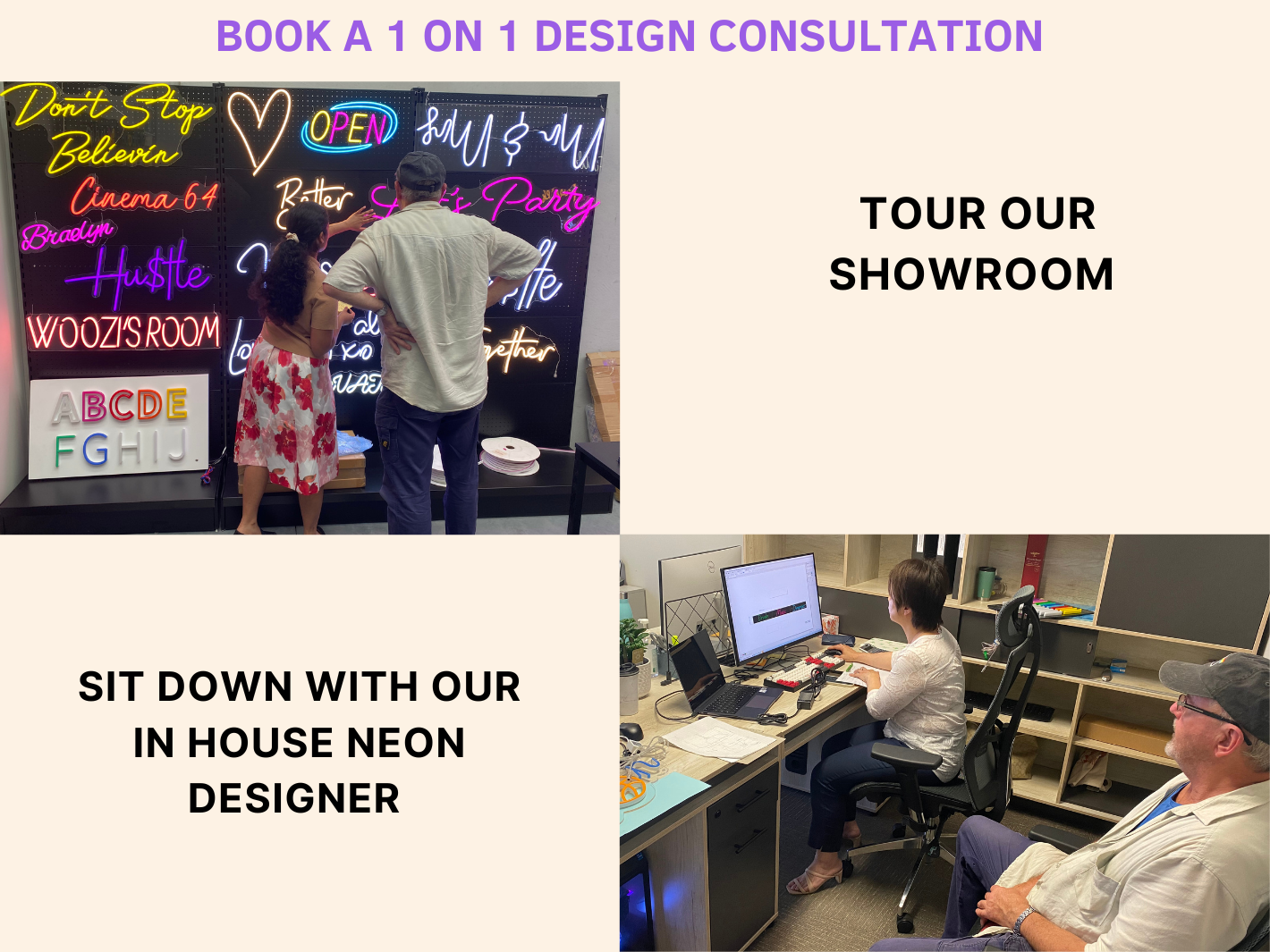 BOOK A 1 ON 1 DESIGN CONSULTATION GRAPHIC WITH NEON PARTY AUSTRALIA