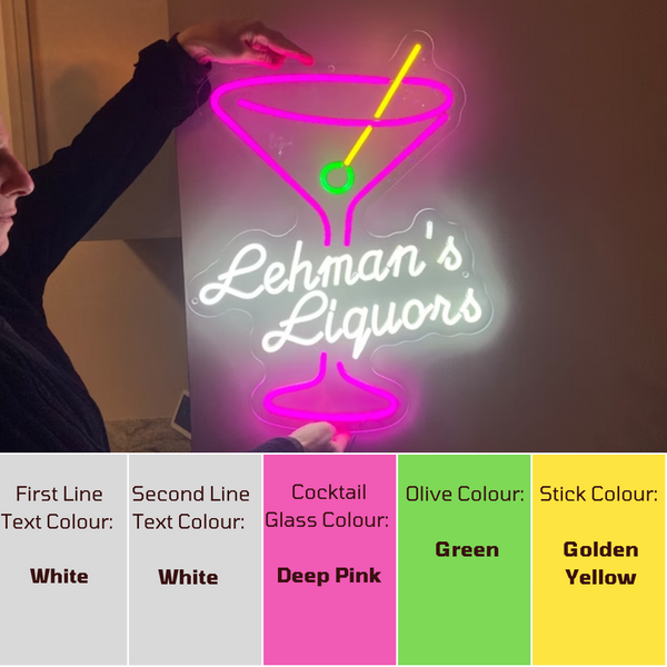 Lehman's Liquor cusom name cocktail bar neon sign with colour choices