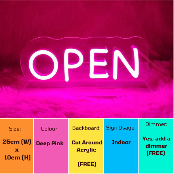 Deep pink OPEN neon sign on stand product specifications