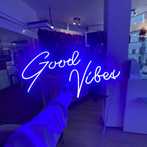 Deep Blue Good Vibes sign in customer's home