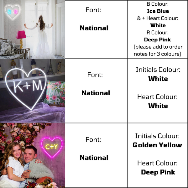 3 hearts and their fonts and colours