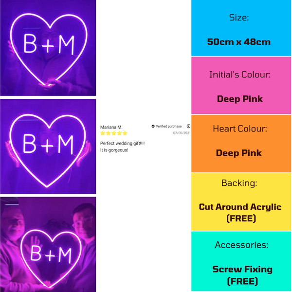 Product Specifications with review for deep pink personalised heart neon sign