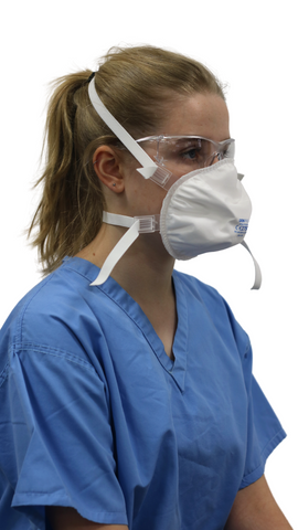 Blonde Woman in Scrubs wearing Medical Face Mask FFP3