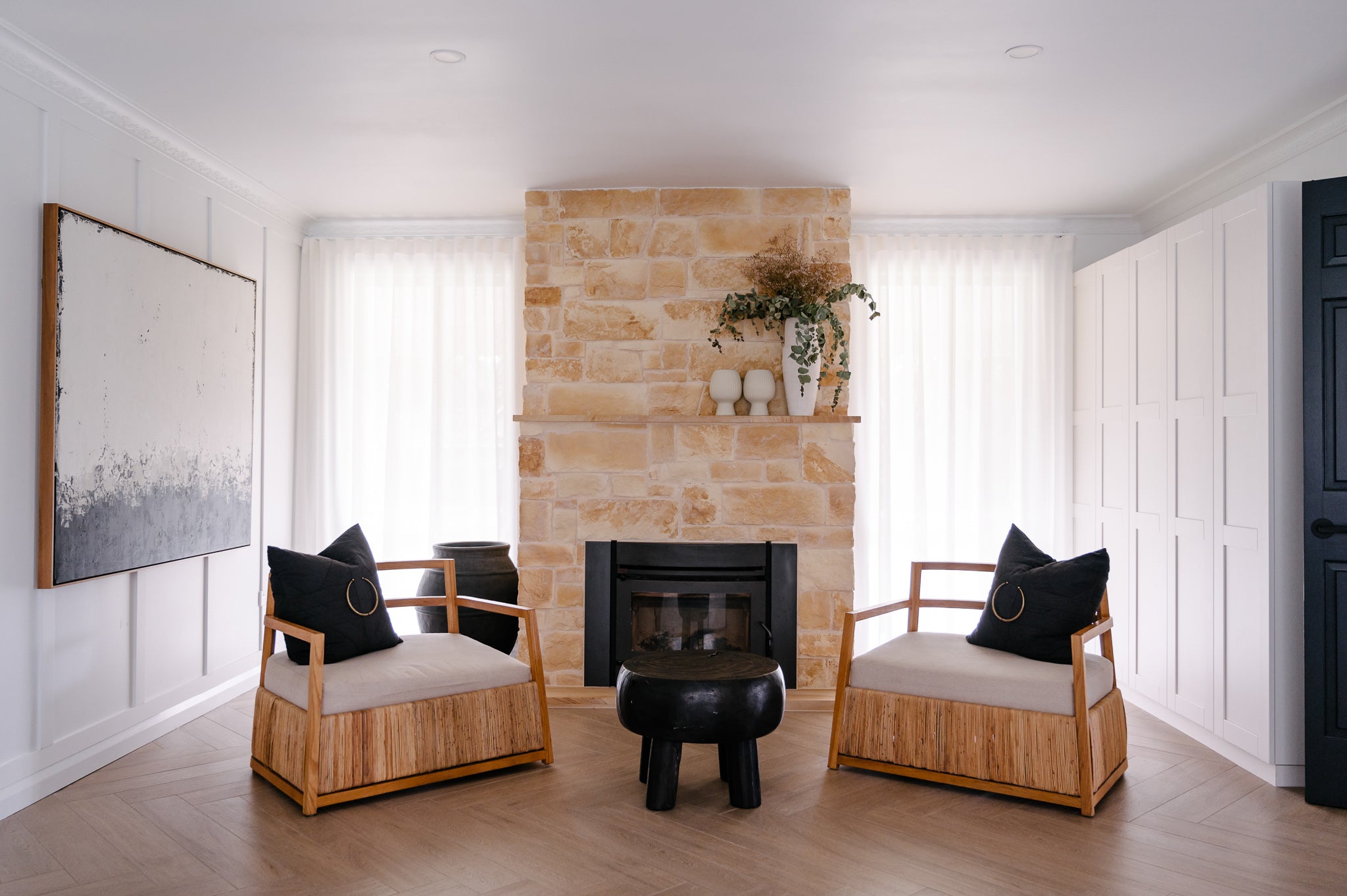 terrace-tiles-stone-fireplace-living-room-design-herringbone-floor-modern farmhouse-renovation-stone cladding