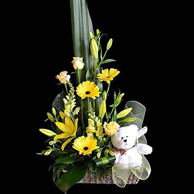 New baby gift basket yellow gerberas roses