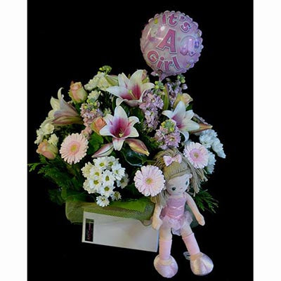 pink and white flowers baby girl balloon package