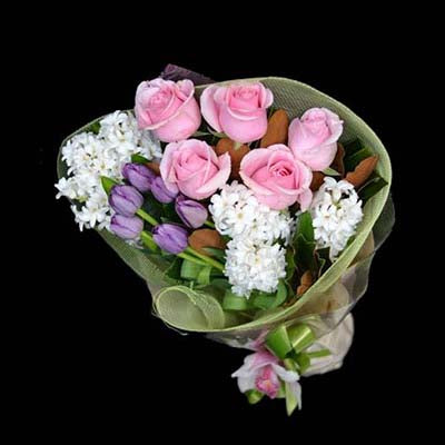 pink roses lilac tulips flower bouquet