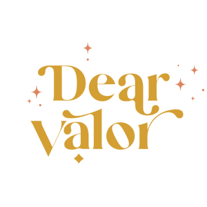 Dear Valor logo in yellow lettering with pink accents