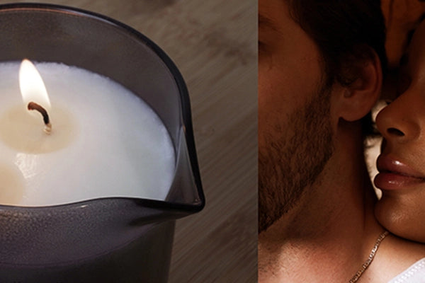 Collage of candle next to woman with face in man's neck
