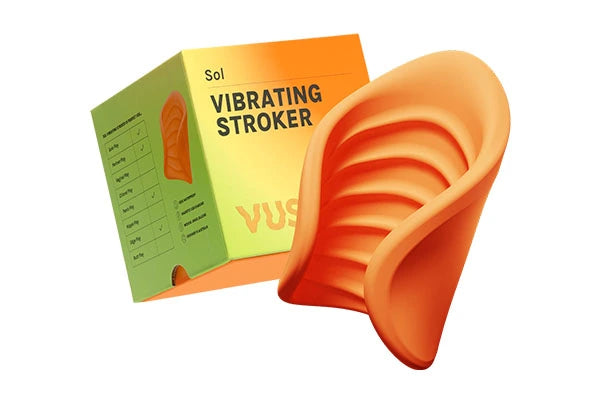 Box with orange/yellow/green gradient and text that reads "PLEASURE RING, VUSH" next to orange vibrating stroker against light grey background