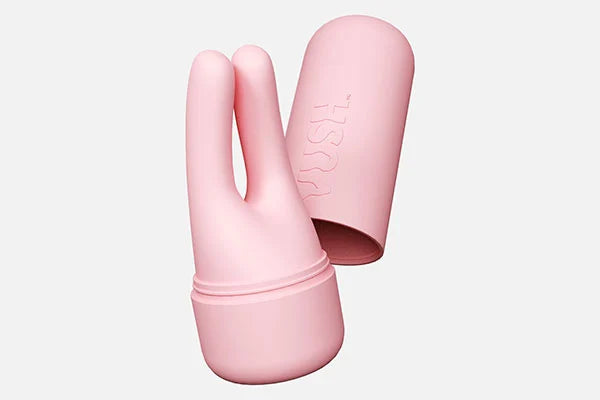 VUSH Swish dual tip vibrator and pink hard case pictured against light grey background