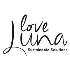 Love Luna's logo - Black script like text reading 'Love Luna' and then below that 'sustainable solutions' written with a simple font and smaller size. All on a plain white background.