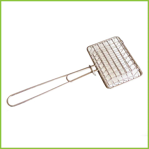 A stainless steel square cage with a handle to hold your solid bar of dish soap.