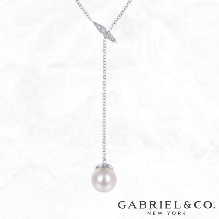 Gabriel & Co. White Gold Y Knot Pearl And Diamond Necklace for sale free shipping Grad gifts 2021