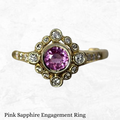 14k Yellow Gold Vintage Inspired 0.56ct Pink Sapphire Halo Diamond Engagement Ring
