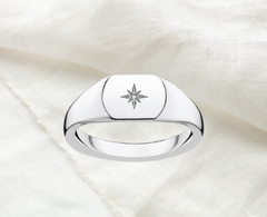 signet ring sterling silver with diamond and starburst
