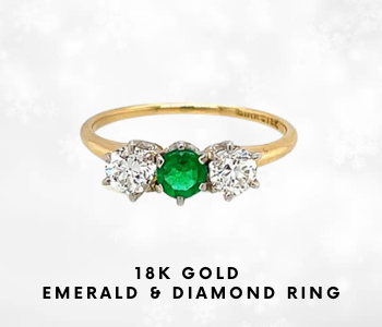 Estate 18K Three Stone Emerald And Diamond Ring